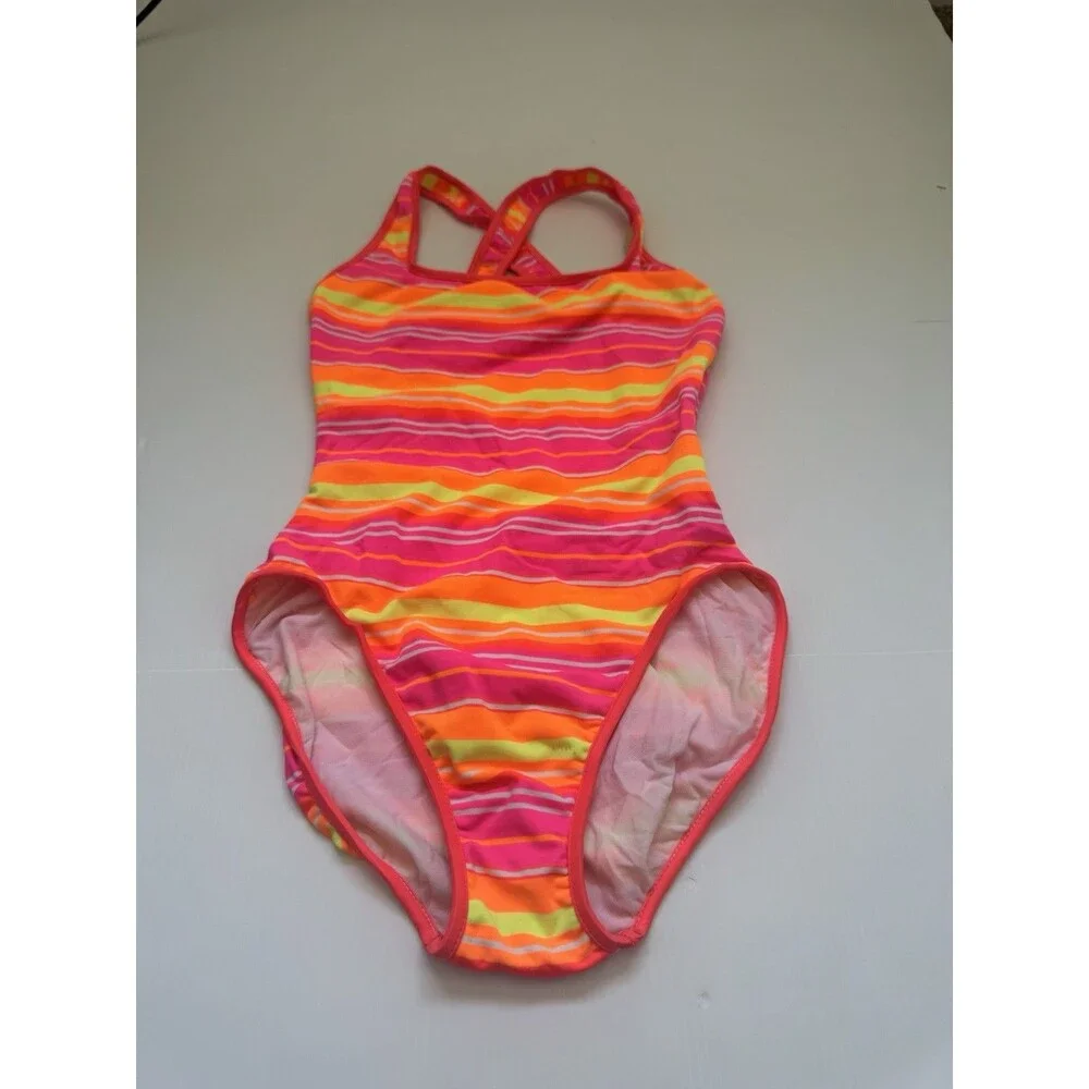 Willow Sport Girls One Piece Swimsuit Neon Pink Orange Stripe Size 10
